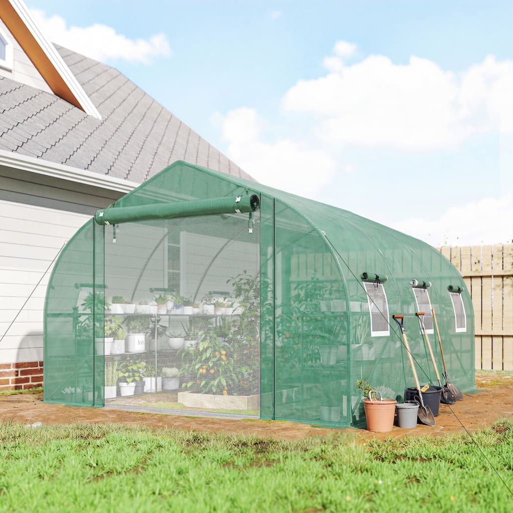 Outsunny 10'x11'x6' Walk-in Tunnel Greenhouse with Shelves, Mesh Door and Windows, Plant Hot House with PE Cover