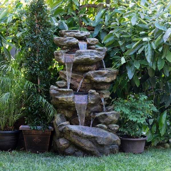 Alpine Corporation 51" Tall Outdoor 6-Tier Amazonian Rainforest Waterfall Fountain with 30 LED Lights