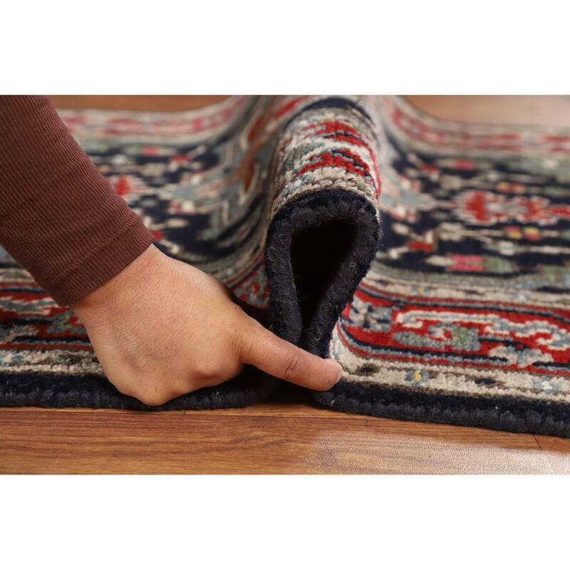 Hand Knotted Oriental 100% Wool Carpet Traditional Medallion Navy Blue & Blues Heriz (serapi) Area Rug - 4' 11'' X 3' 0''