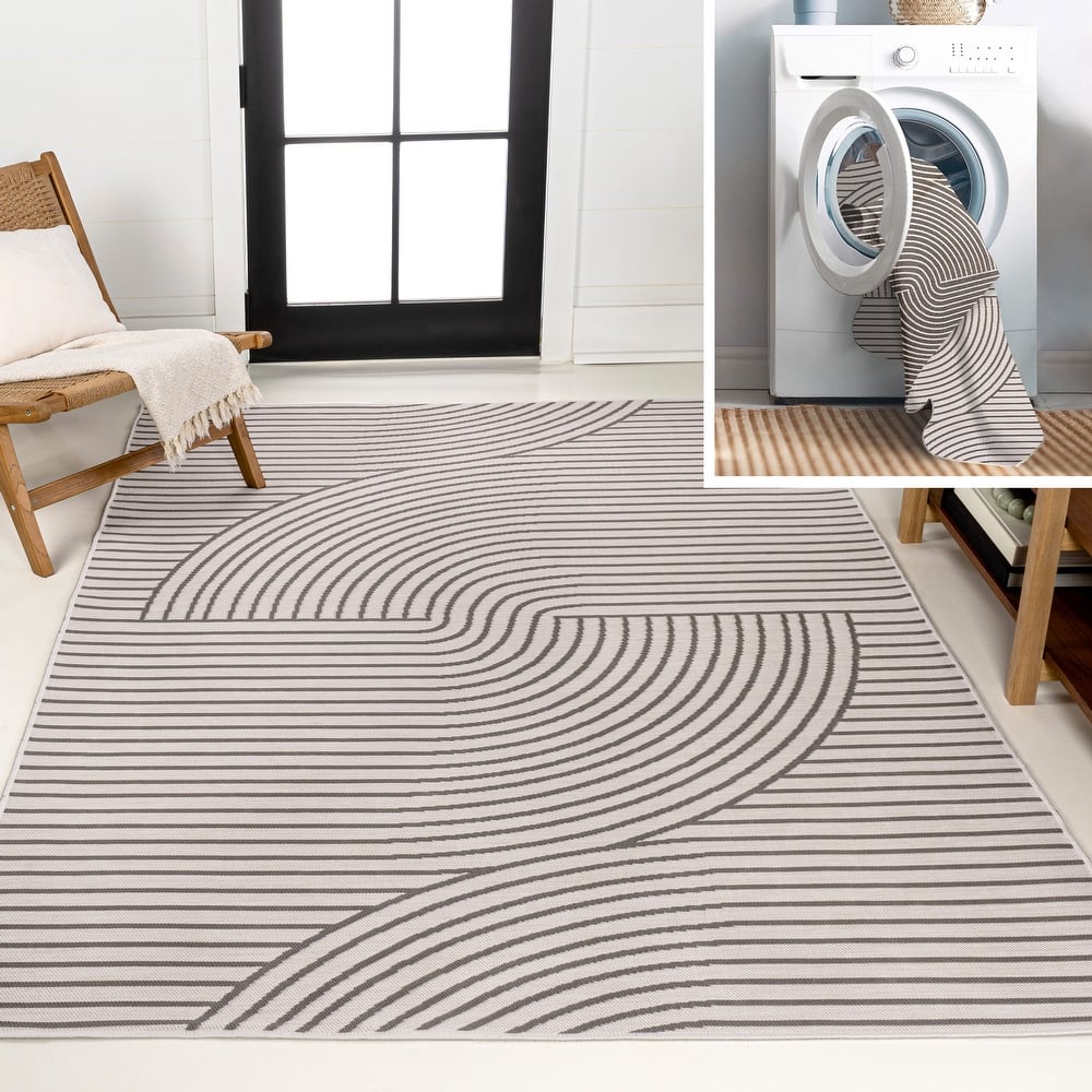 JONATHAN Y Reversible Zana Mid-Century Modern Curve Stripe Machine-Washable Dark Gray/Cream Indoor/Outdoor Area Rug