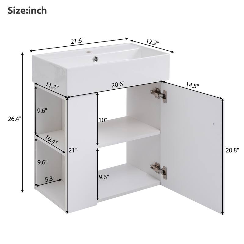 21.6" White Bathroom Vanity with Soft-Close Door and Side Storage, Floating Design with Ceramic Sink for Small Bathrooms