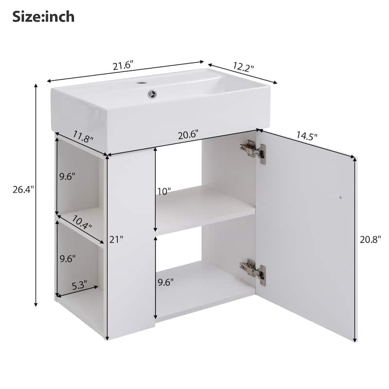 Roomfitters 21.6" Floating Bathroom Vanity with Ceramic Sink, Modern Wall-Mount Cabinet with Right/Left Side Storage, White