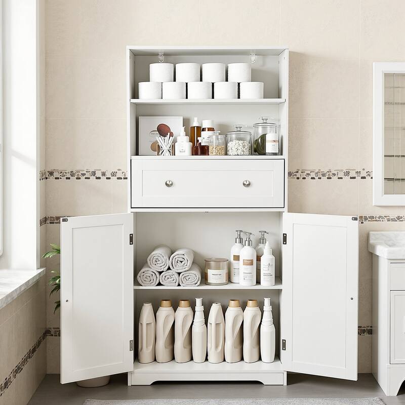 Javlergo White Adjustable Shelf Bathroom Cabinet with Drawer Tall Free Standing Bathroom Cabinet for Organization Living Room