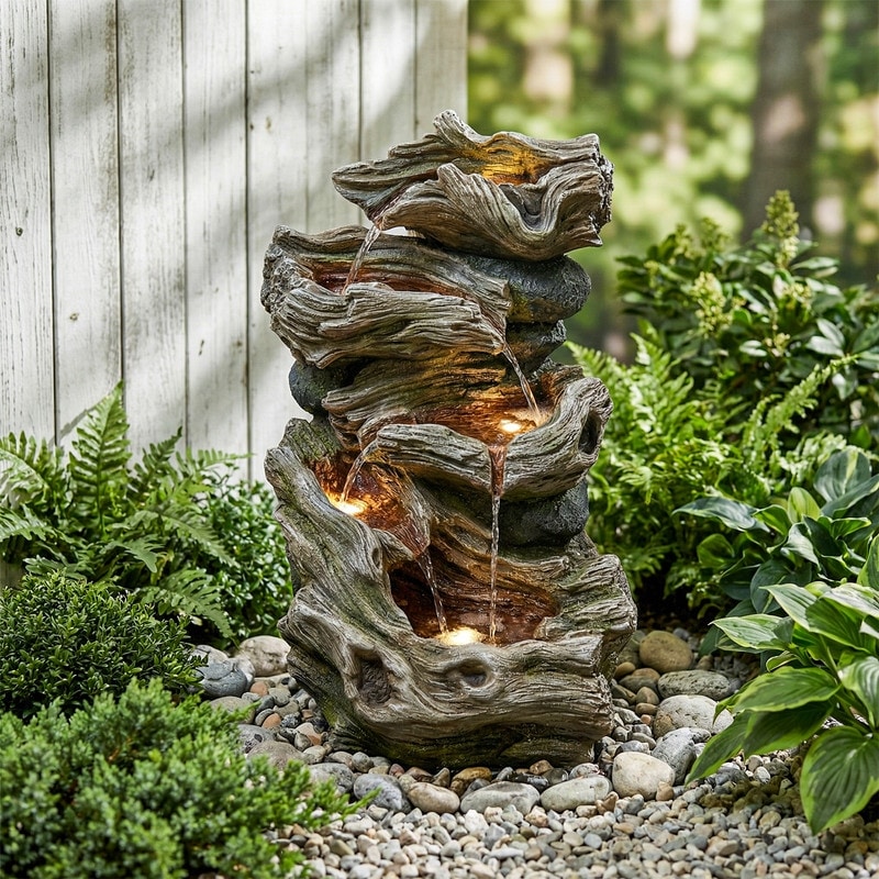 Outdoor Floor 5 Tier Cascading Natural Driftwood Style Patio Garden Water Fountain with LED Lights