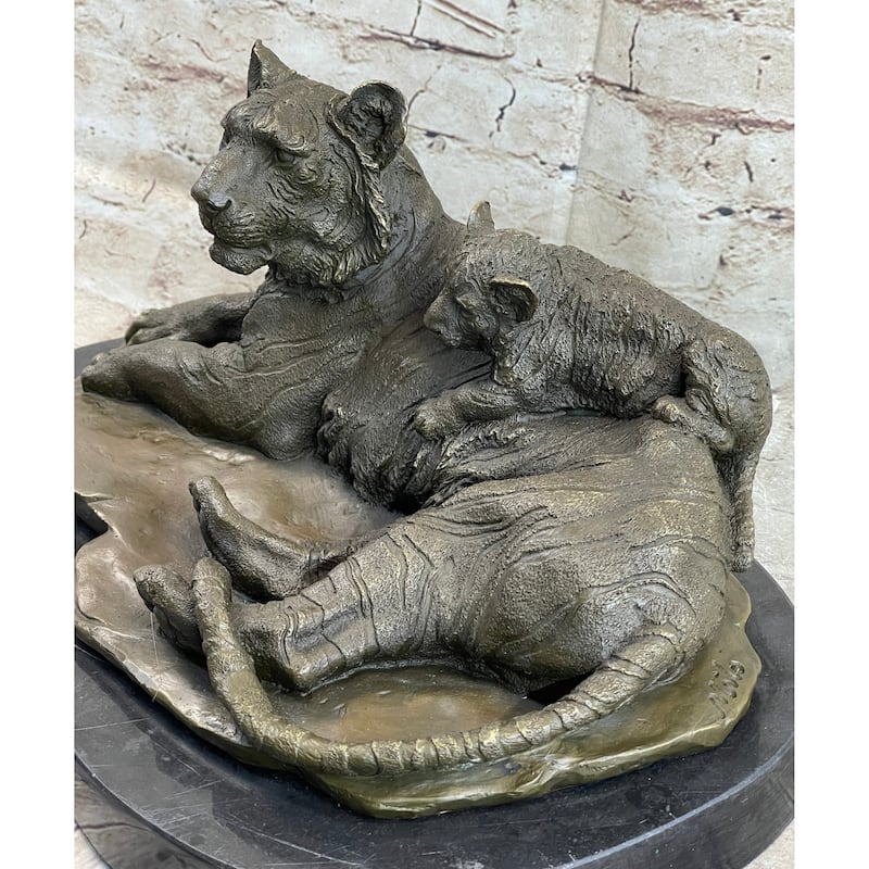 Tiger Family Mother Cub Bronze Statue Sculpture Figure Marble Base Original Art 8 Inches X 16 Inches