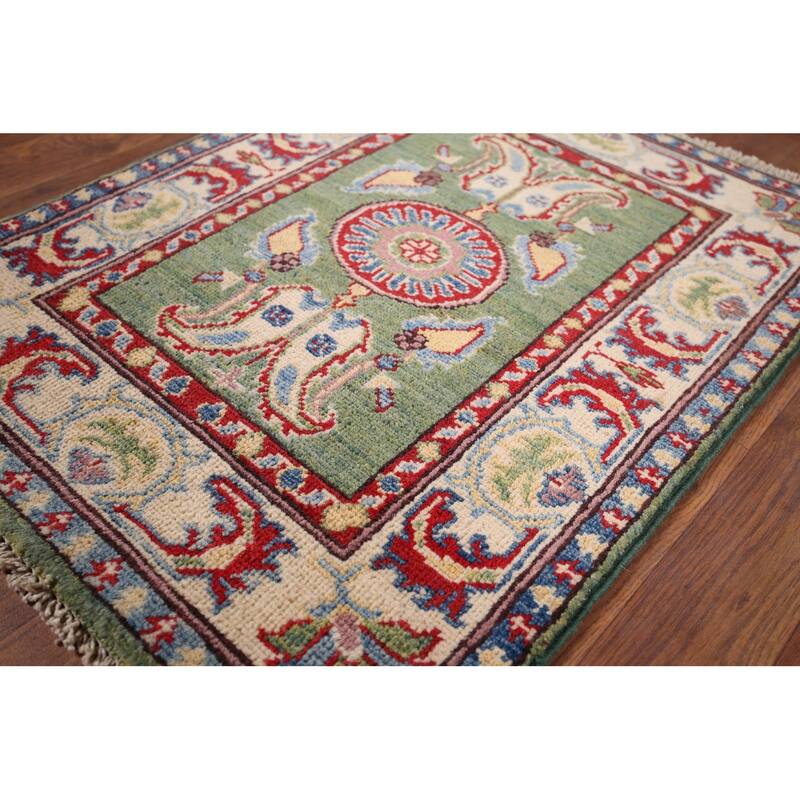 Green Geometric Kazak Foyer Rug Hand-Knotted Wool Carpet - 2'0" x 2'8"