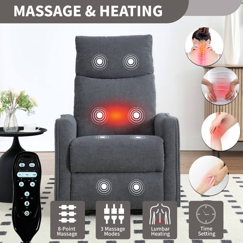 Roomfitters Swivel Rocker Recliner Chair, Manual Massage Glider Armchair with Heat & Vibration, Fabric Living Room Sofa