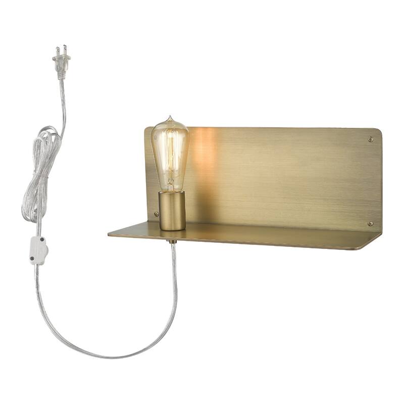 Modern XL Dull Gold Plug-In Wall Sconce with Shelf and Ambient LED Light Fixture E26 Base - 6" H x 15" W x 5" D
