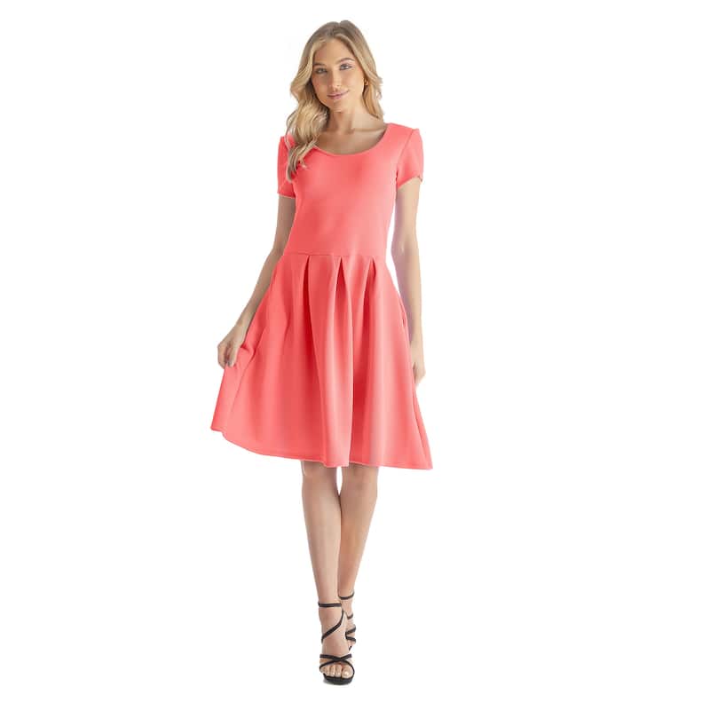 24seven Comfort Apparel Womens Scoop Neck Knee Length Pleated Pocket Dress - Orange - L