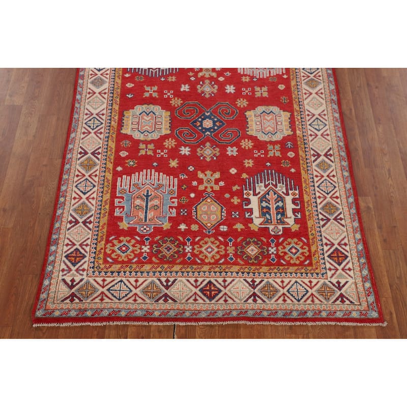 Red Geometric Kazak Oriental Accent Rug Hand-Knotted Wool Carpet - 4'3" x 6'0"