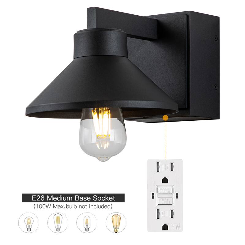 1-Light Matte Black Outdoor Barn Light Built-In GFCI Outlets