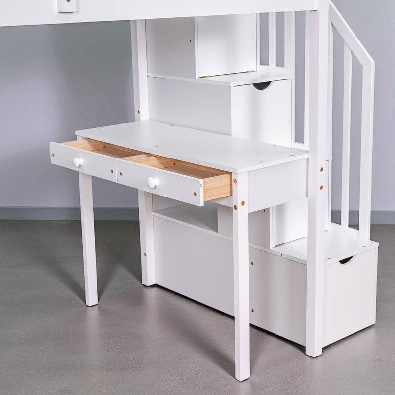 Twin Size Loft Bed with Desk, Storage Drawers, Shelves & Stairs, Wooden Frame for Kids & Teens