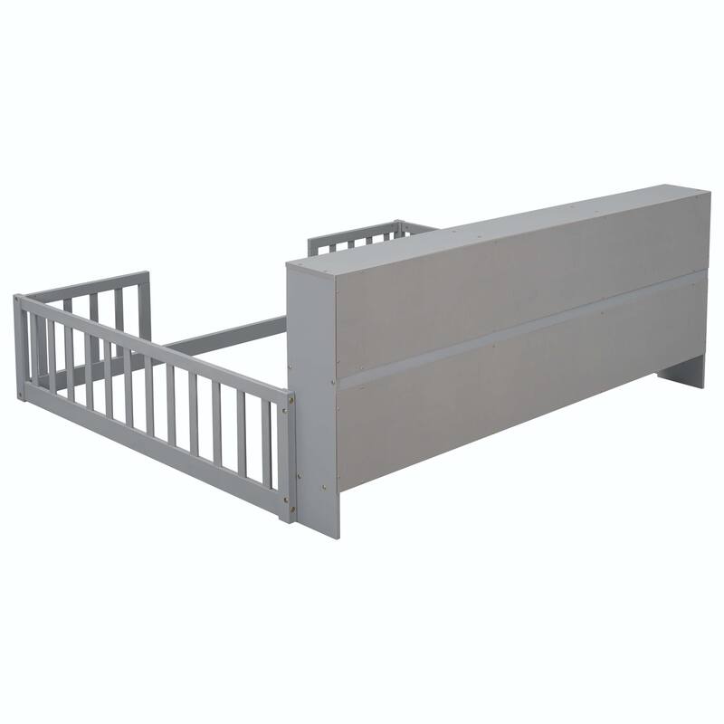 Full Floor Bed with Side Bookcase and Guardrails