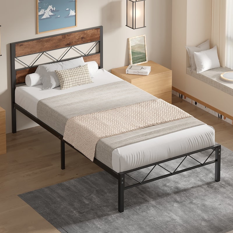 VECELO Vintage Metal Platform Bed Frame with Wood Headboard, Storage Bed, Noise-Free, No Box Spring Needed, Twin/Full/Queen Size