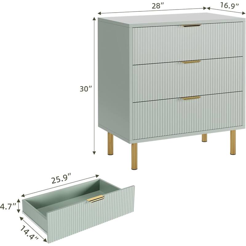 3 Drawer Dresser, Wood Chest of Drawers Organizer Storage with Gold Handle, Small Storage Cabinet