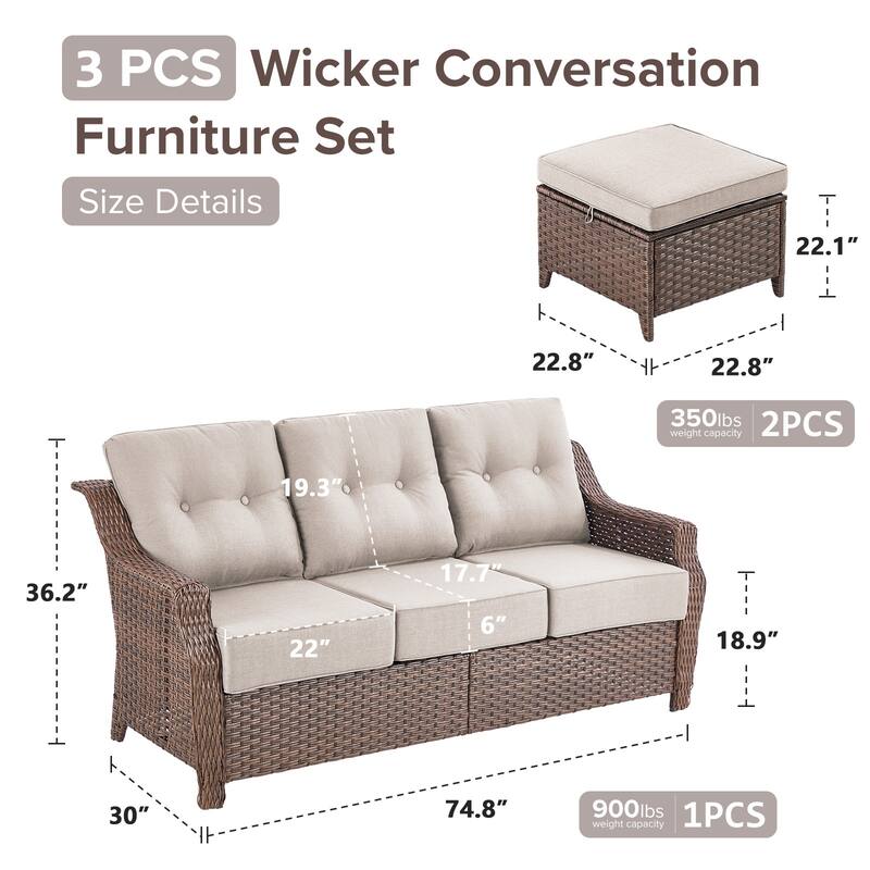 Gymojoy 3-Piece Wicker Patio Furniture Ottoman & Sofa Set, 6-Inch Ultra Thick Cushioned