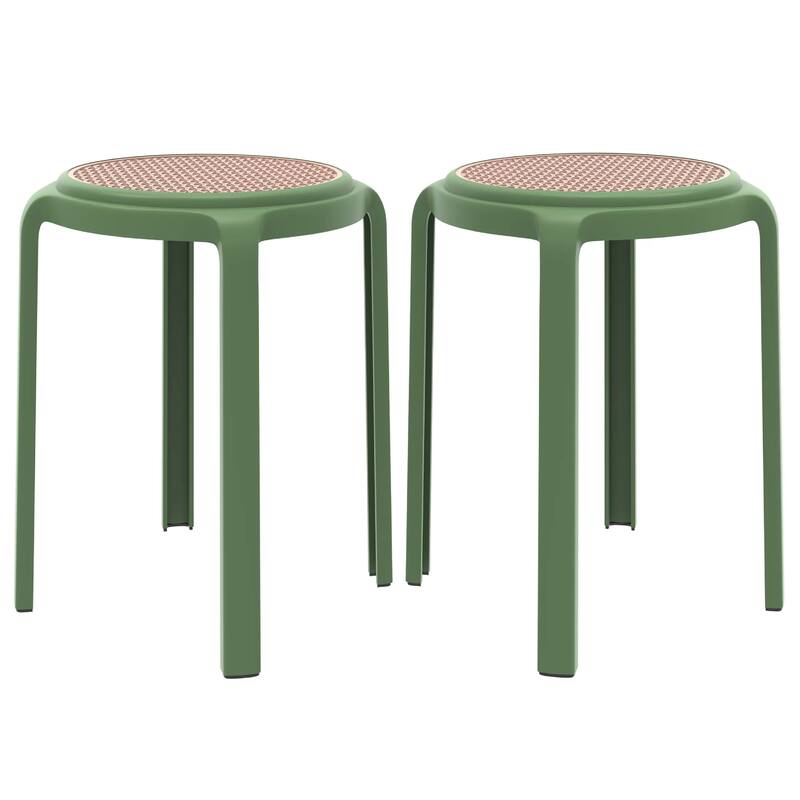 Tresse All-Weather Round Stackable Dining Stool with Wicker-Style Seat for Indoor, Outdoor, Patio, and Kitchen Set of 2 - Green