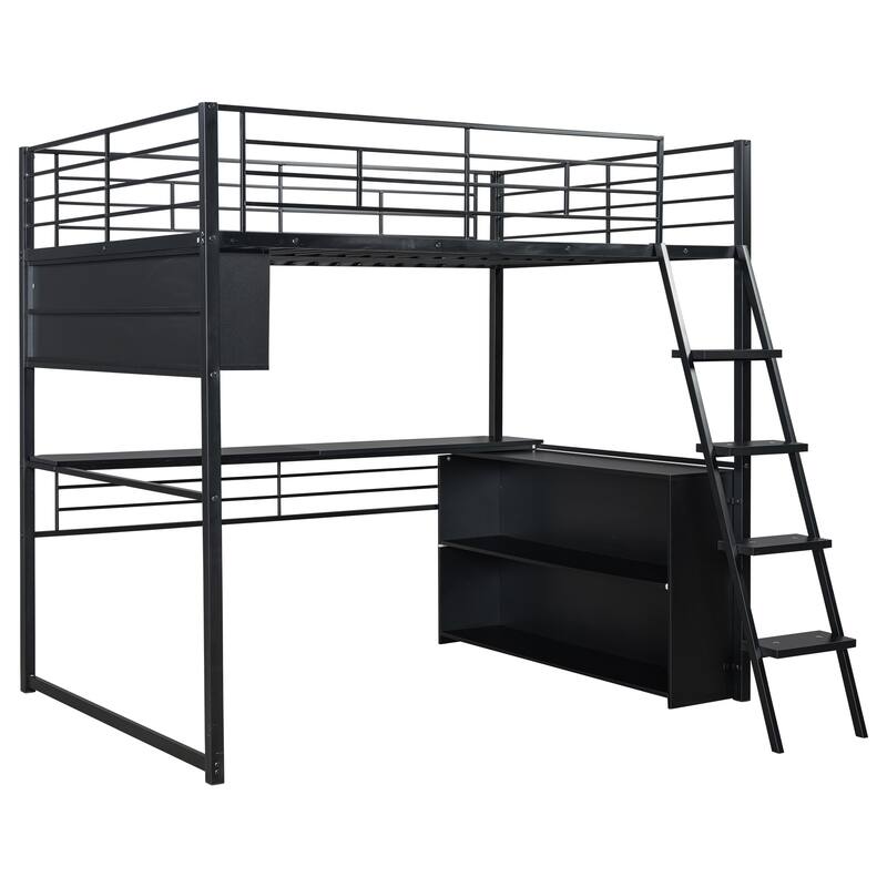 Full Size Loft Bed with Desk, LED Shelves, and Storage - Metal Frame with Guardrails and Ladder, Space-Saving Design for Teens