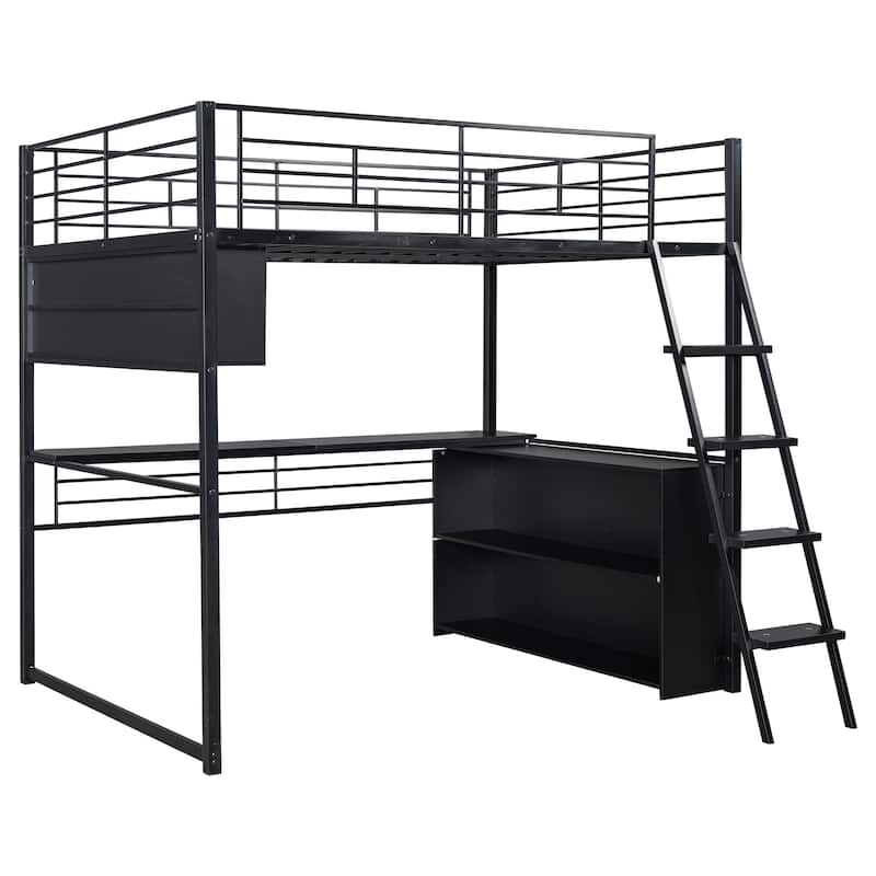 Full Size Metal Loft Bed with LED Desk & 4-Tier Storage (250lb Capacity)