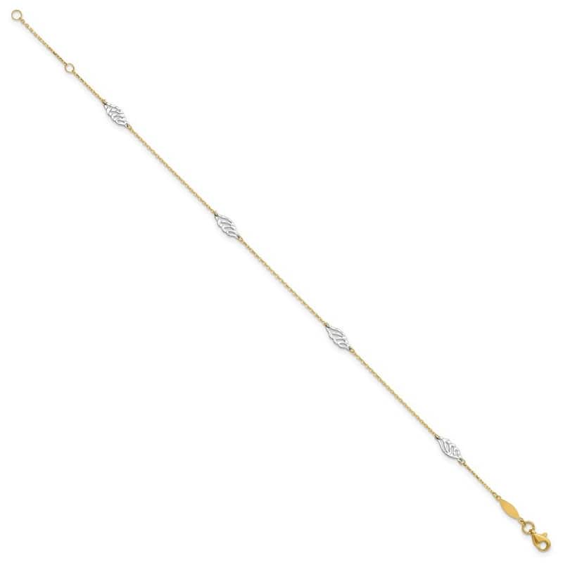 Curata Women's 14k Two-Tone Gold Textured and Polished Leaf Anklet - 10 Inch