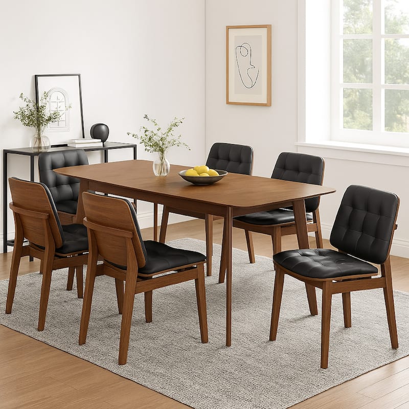 Bera 7pc Dining Set w Chairs, 59-75 Inch Extendable, Walnut Brown, Black Faux Leather