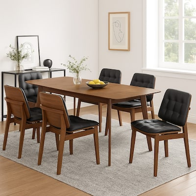 Bera 7pc Dining Set w Chairs, 59-75 Inch Extendable, Walnut Brown, Black Faux Leather