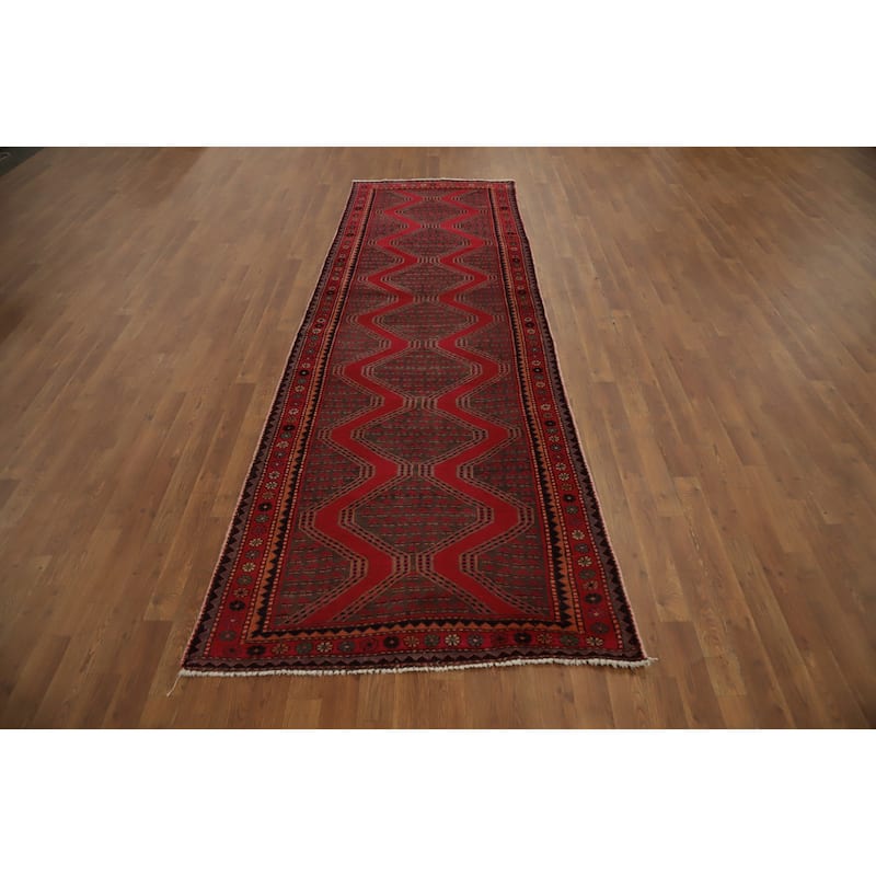 Hand Knotted Oriental 100% Wool Carpet Traditional Geometric Red Hamedan Runner Rug - 10' 5'' X 3' 6''