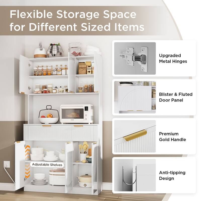 Fluted Kitchen Pantry Storage Cabinet with Microwave Stand, Outlets, Ample Space for Small Kitchens, Apartments & Home Offices