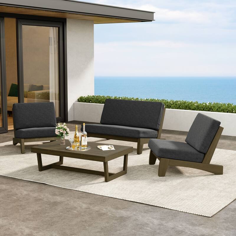 Patio 4 Pieces Teak Wood Conversation Set With Coffee Table - Dark Gray/Brown - Whole Cushion