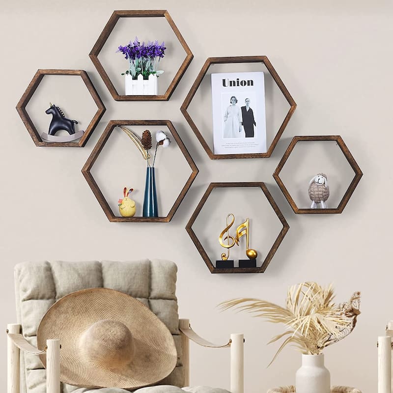 Set of 6 Wooden Hexagon Rustic Floating Shelves in Deep Natural Wood