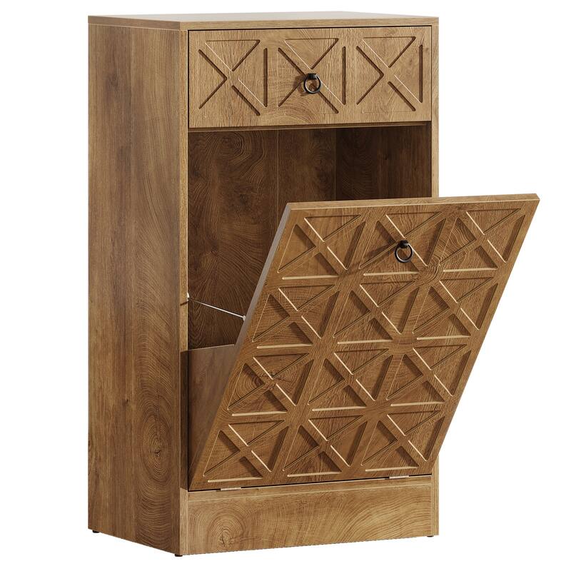 13 Gallon Wooden Fluted Tilt-Out Trash Can Cabinet with Drawer, Hidden Garbage Bin Storage Unit for Kitchen Living Room