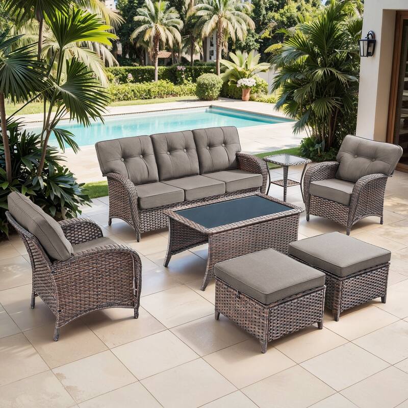 Gymojoy Outdoor Wicker Patio Furniture Set, 5" Thick Cushioned Rattan Conversation Set with Sofa & Chairs