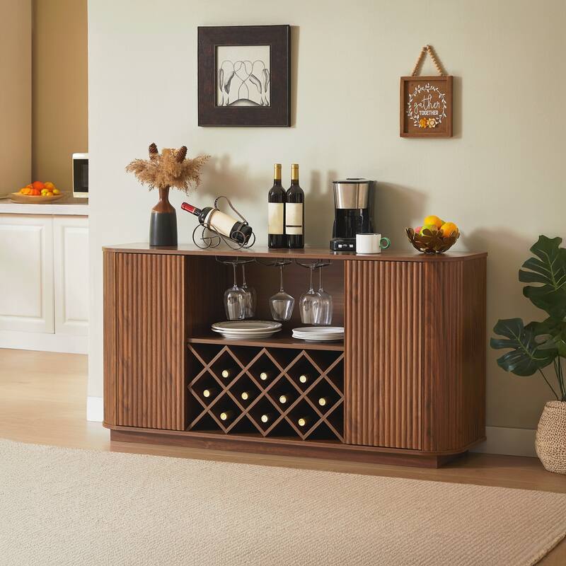 Modern Wavy Curve Sideboard-Multifunctional storage cabinet with wine rack and glassware holder - Walnut