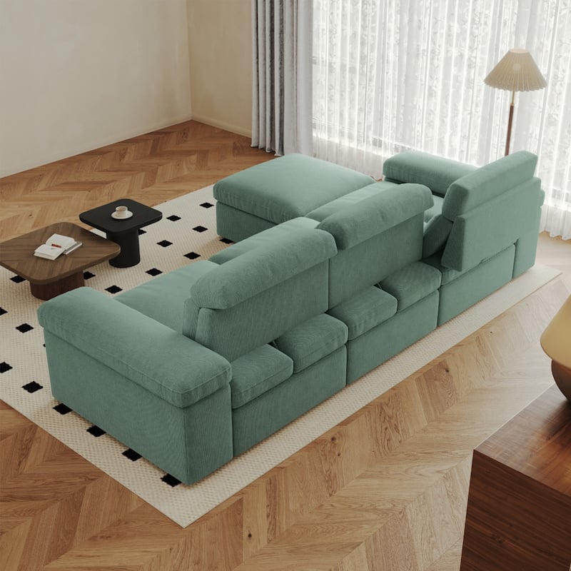 Down Filling Upholstered L-shaped Sectional Sofa with Storage Ottoman and Armrests, Chaise Modular Couch with Adjusted Backrest