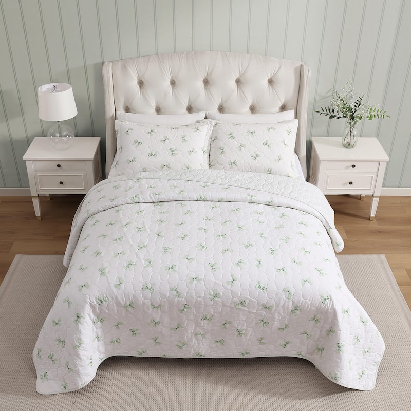 Laura Ashley Bouncy Bows Cotton Reversible Green Quilt Set