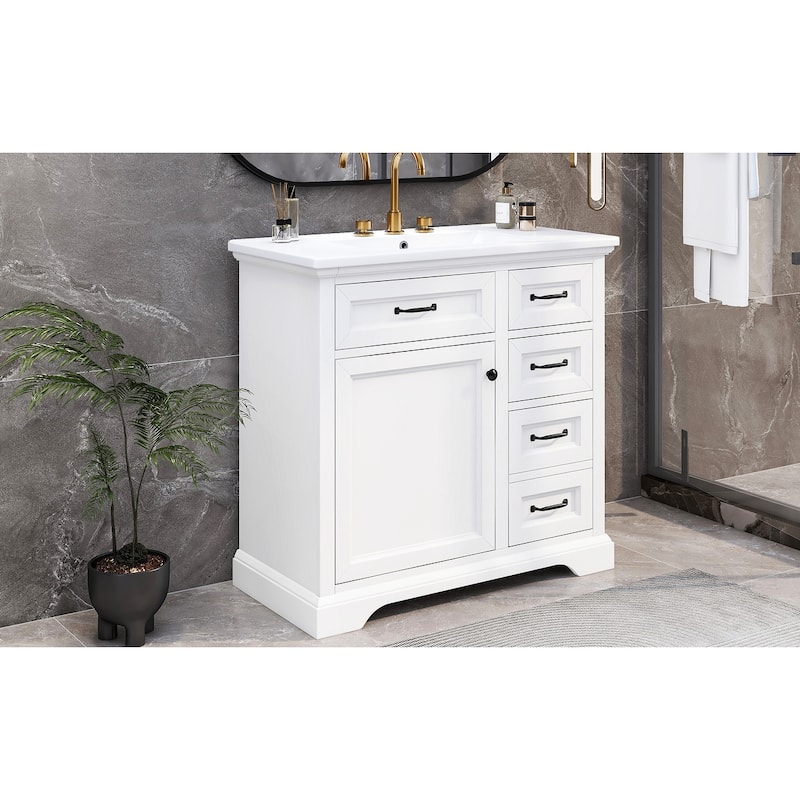 Grey 36-Inch Bathroom Vanity with 2 Tip-Out Drawers, Ceramic Sink, and Painted Finish
