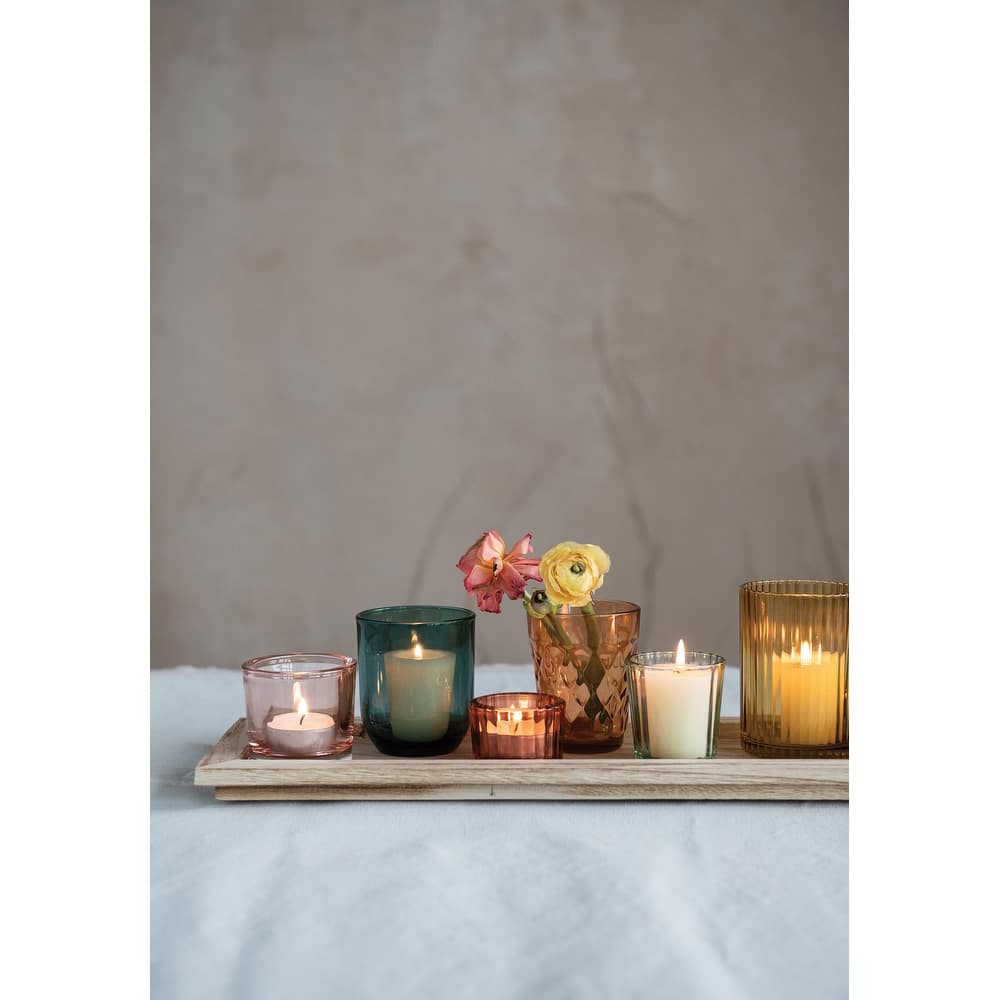 Wood Tray with 9 Blue & Green Glass Votive Holders