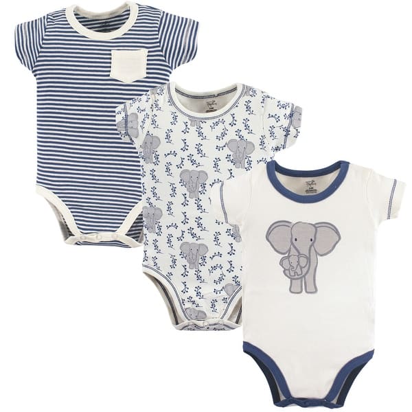 slide 1 of 1, Touched by Nature Baby Boy Organic Cotton Bodysuits 3pk, Elephant 12-18 Months - Elephant 3-Pack