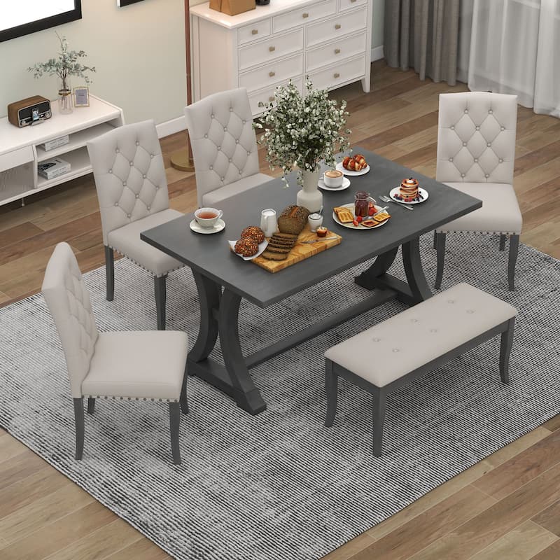 6 Piece Farmhouse Dining Table Set, Rectangular Trestle Table w/4