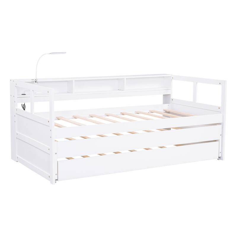 Twin XL Wood Daybed with Trundles, Storage, USB Charging, and Light, White