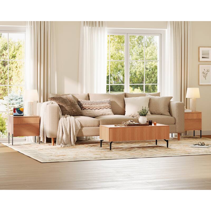 WAMPAT Fluted Nightstand with Charging Station,Modern Side Table with 2 Drawers