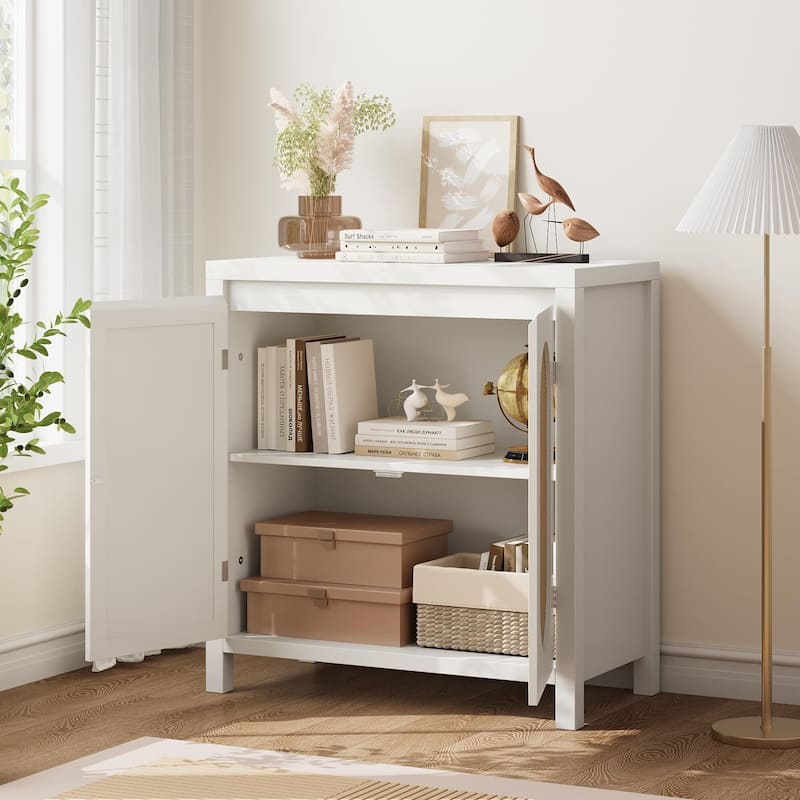 Rattan Storage Cabinet with PVC Woven Doors, Wooden Sideboard Buffet, with Adjustable Shelf, Multifunctional Cupboard