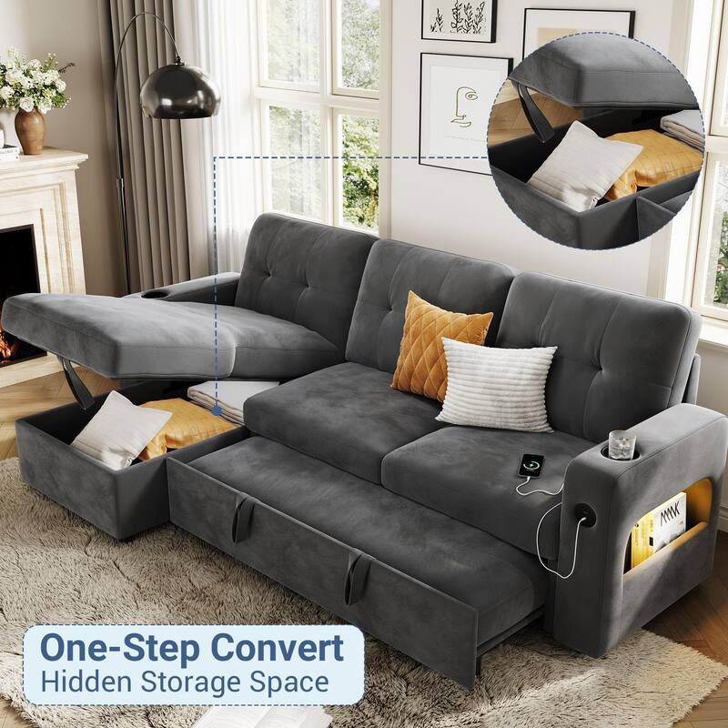 84 Inch Sleeper Sofa Couch, L-Shaped Sofa, Convertible Pull Out Sofa Bed with Storage, Charging Station, Led Lights