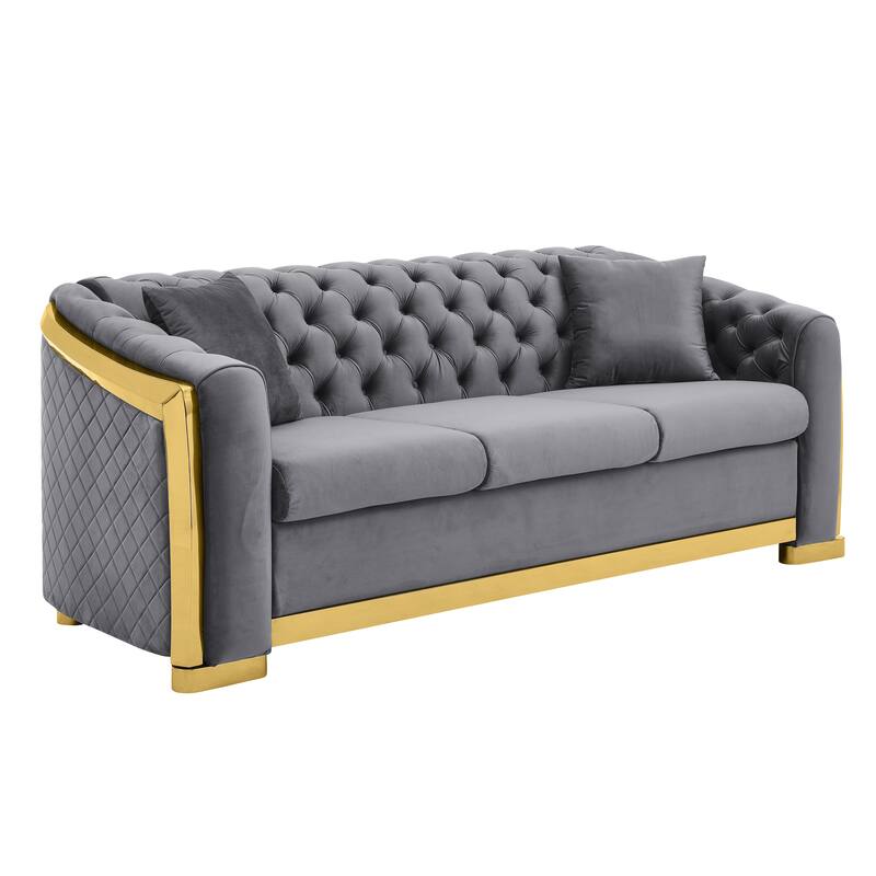 Velvet Chesterfield Sofa with 2 Pillows, Tufted Upholstered 3 Seater Sofa, Accent Sofa with Rolled Arms & Stainless Legs