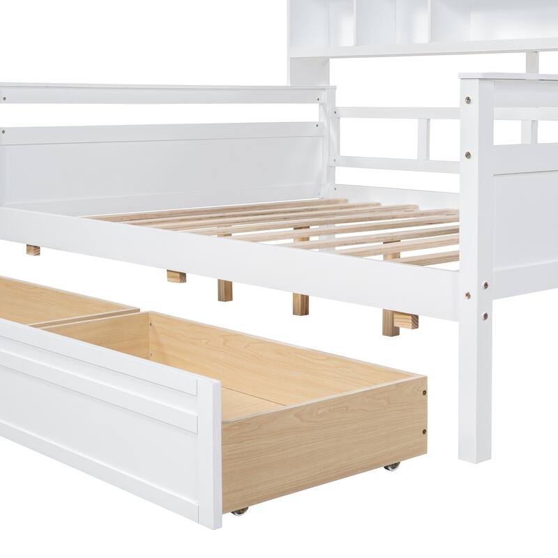 Twin/Full Size Daybed, Solid Wood Platform Sofa Bed Frame with Built In Bookshelves and Two Drawers