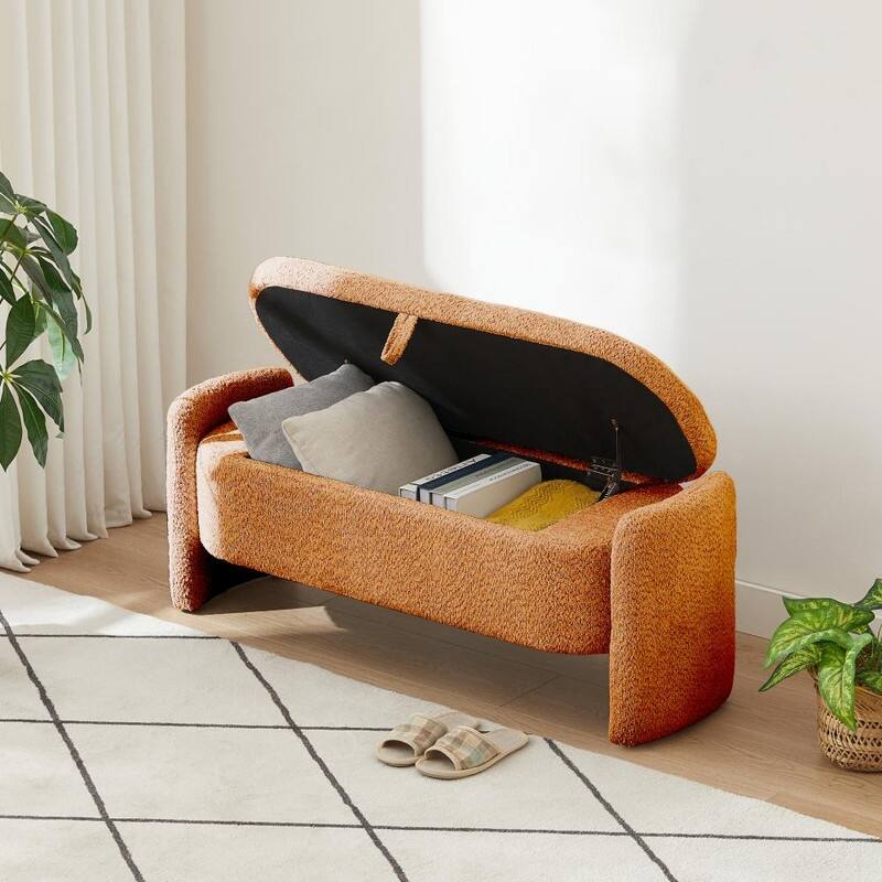 Oval Storage Bench Ottoman with 3D Lamb Fleece Fabric