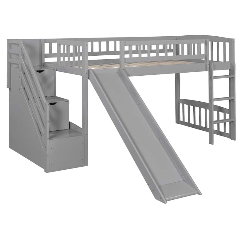 Stairway Twin Size Loft Bed with Two Drawers and Slide, White