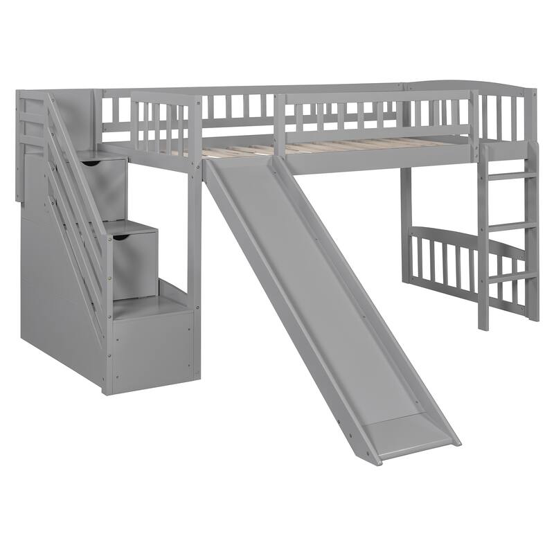Twin Size Loft Bed with Slide, Storage Staircase and Safety Guardrails