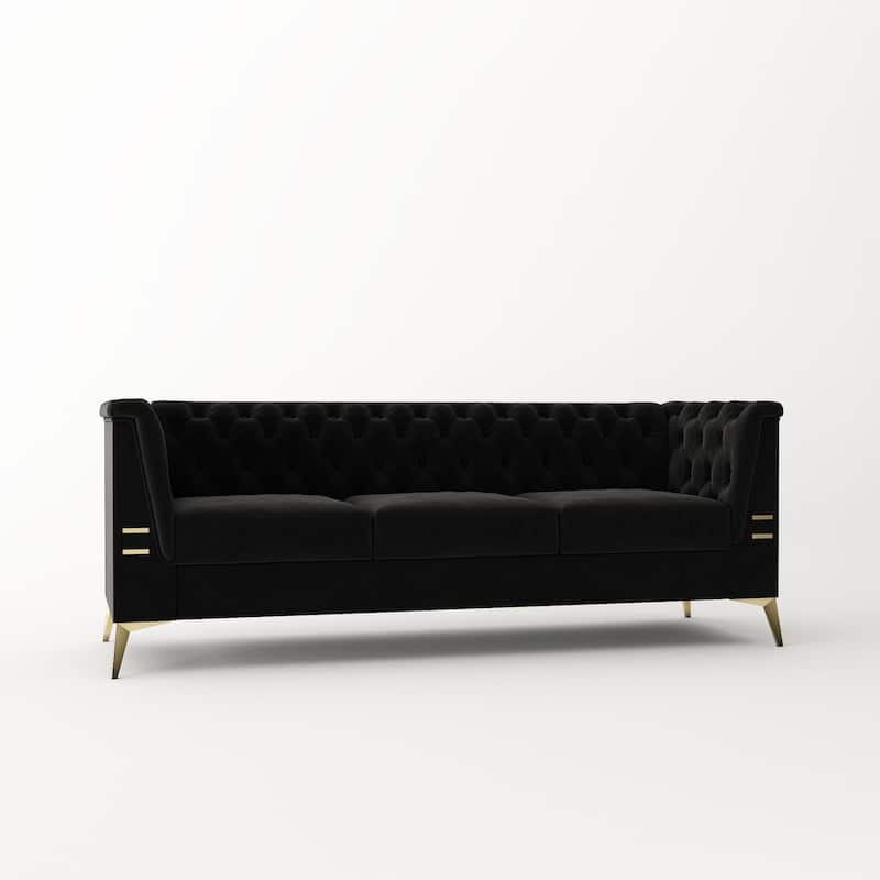 Velvet Upholstered 3-Seater Sofa Modern Living Room Couch Sofa with Deep Button Tufting Sofa and Metal Legs, Square Arms