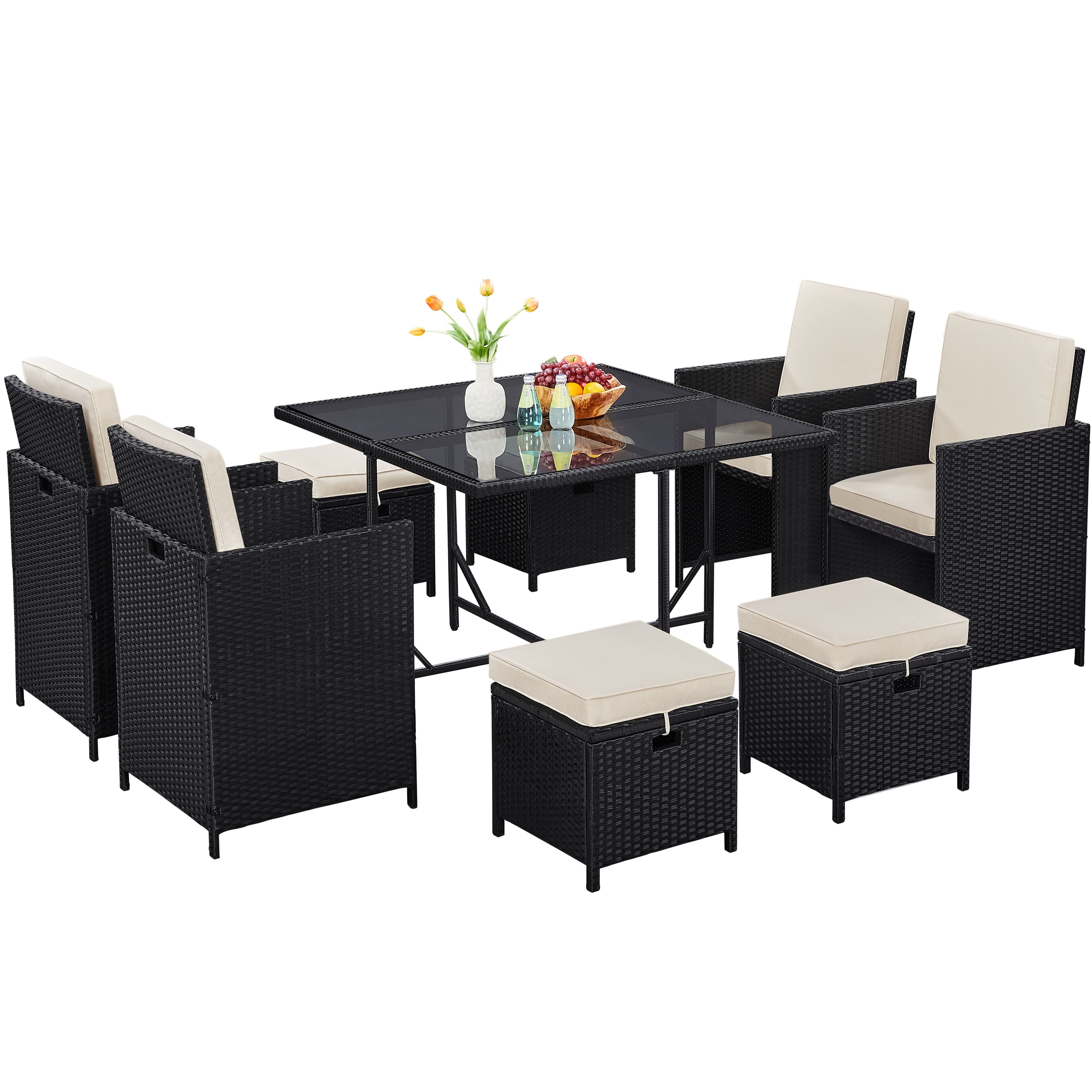 Yaheetech 9-Piece Patio Dining Set with Glass Table & Ottomans for Lawn, Backyard, Black/Beige